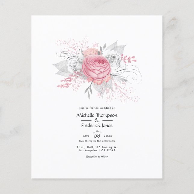 Pink and Faux Foil Silver Floral Wedding Flyer (Front)