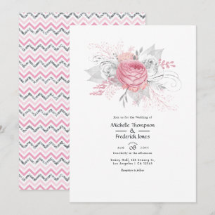 Pink and Faux Foil Silver Floral Wedding Invitation