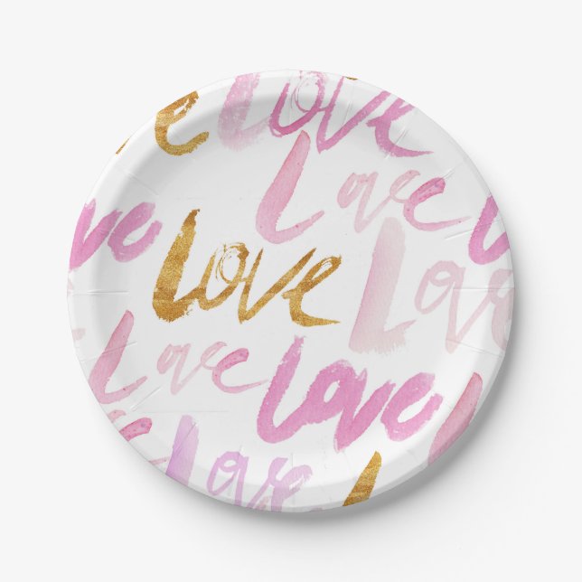 Pink and Faux Gold Foil Love Typography Pattern Paper Plate (Front)
