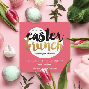Pink and Faux Gold Modern Chick Easter Brunch Invitation