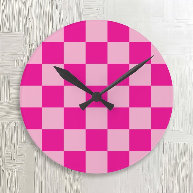 Pink and Fuchsia Chequered Round Clock (Pink and Fuchsia Checkered Round Clock)