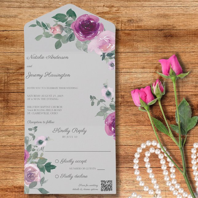 Pink and Fuchsia Roses on Grey QR Code All In One Invitation (Creator Uploaded)