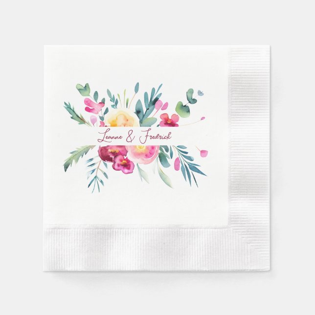 Pink and Fushia watercolor floral custom Wedding Napkin (Front)