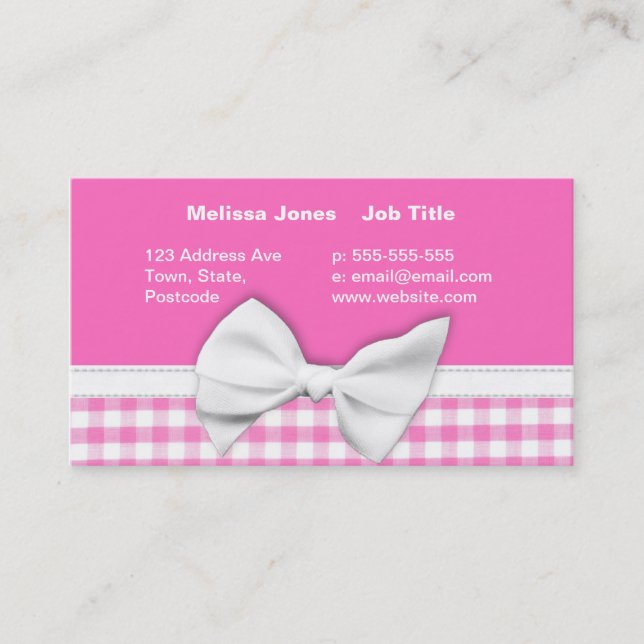 Pink and girly gingham with ribbon bow business card (Front)