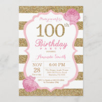 Pink and Gold 100th Birthday Invitation Floral