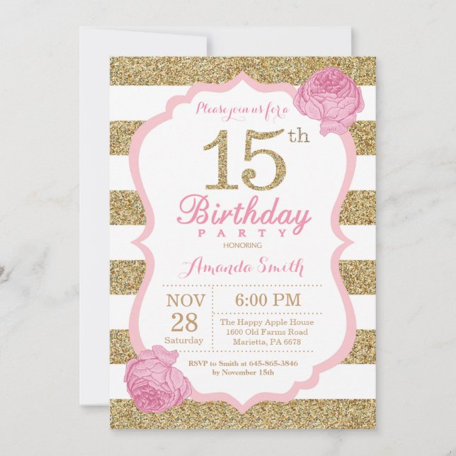 Pink and Gold 15th Birthday Invitation Floral (Front)