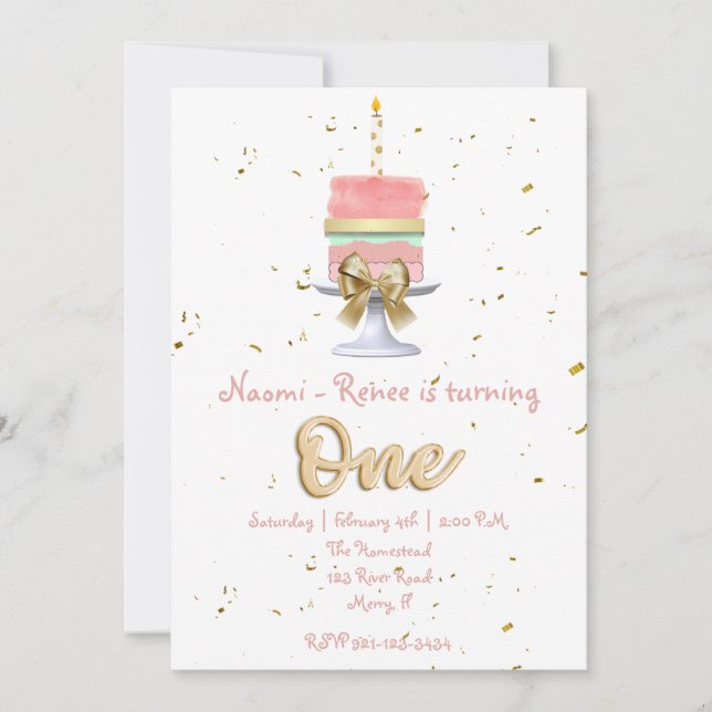 Pink and Gold 1st Birthday Invitation (Front)