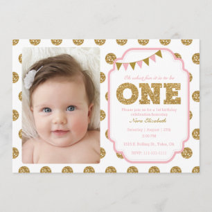 Pink and gold 1st birthday invitation