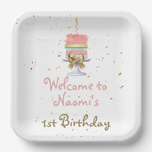 Pink and Gold 1st Birthday Paper Plate (Front)