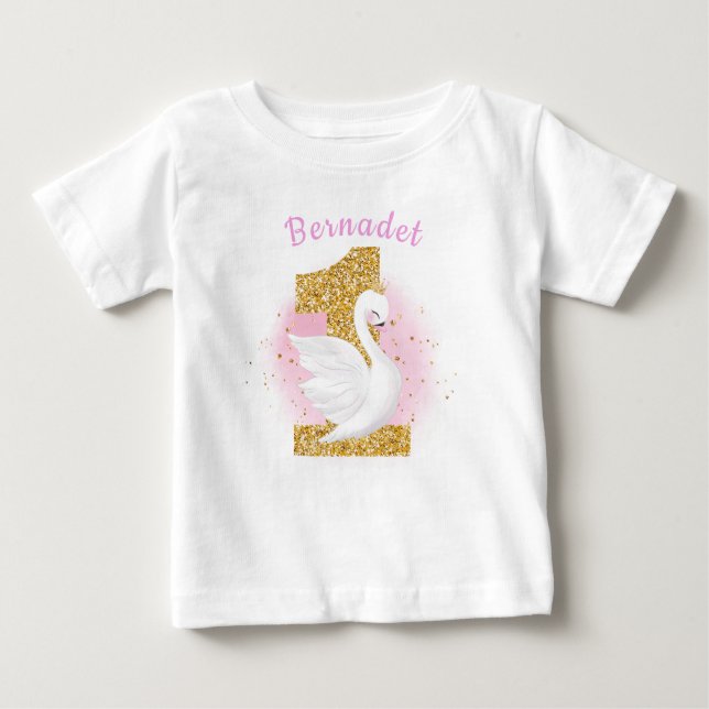 Pink and Gold 1st Birthday Swan Princess Baby T-Shirt (Front)