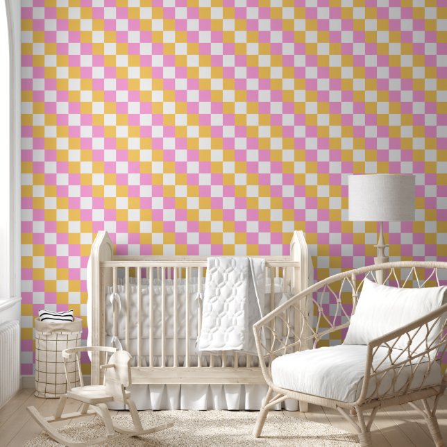 Pink and Gold 2 inch Chequerboard Wallpaper (Kids)