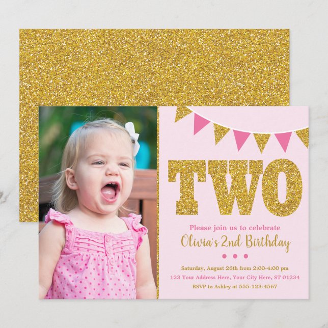 Pink and Gold 2nd Birthday Invitation with Photo (Front/Back)