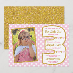 Pink and Gold 3rd Birthday Invitation