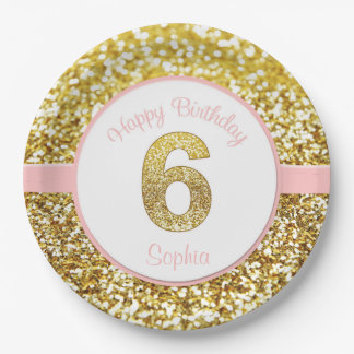 Pink and gold 6th birthday plates