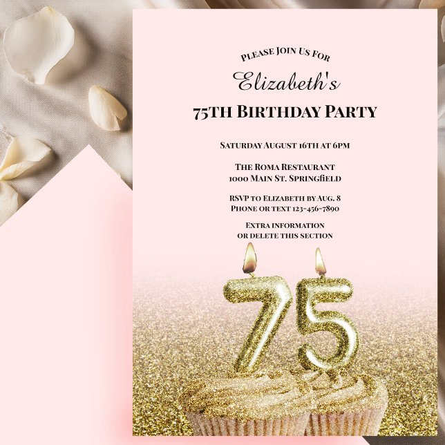 Pink and Gold 75th Birthday Invitation For Her (Creator Uploaded)