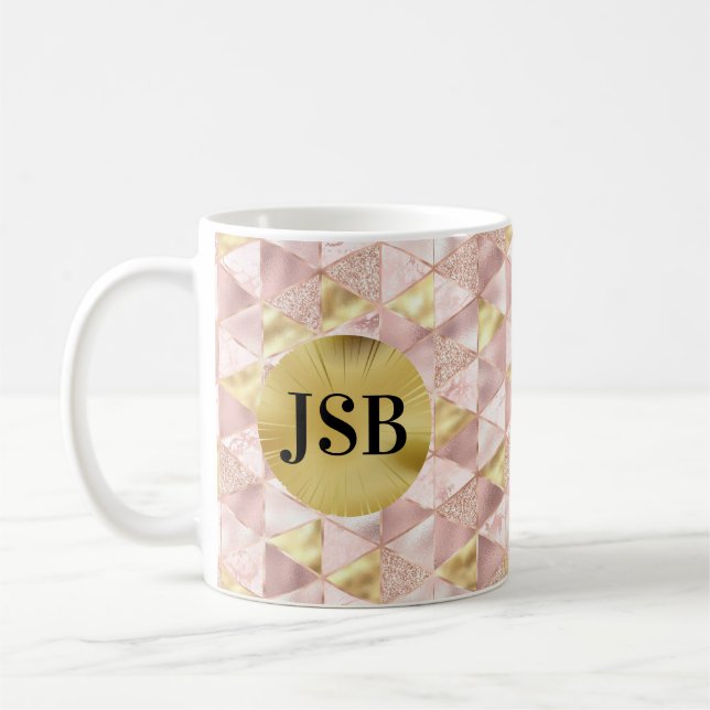 Pink and Gold Abstract Art Monogram Mug (Left)