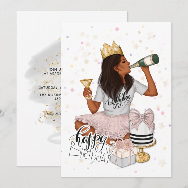 Pink and Gold African American Girl Birthday Party Invitation (Front/Back)