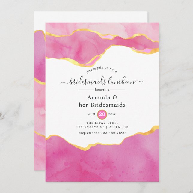 Pink and Gold Agate Bridesmaids Luncheon Invitation (Front/Back)
