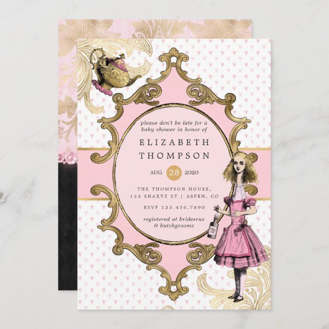 Pink and Gold Alice In Wonderland Baby Shower Invitation (Front/Back)