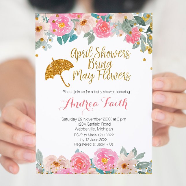 Pink and Gold April Showers Bring May Flowers Invitation (Creator Uploaded)