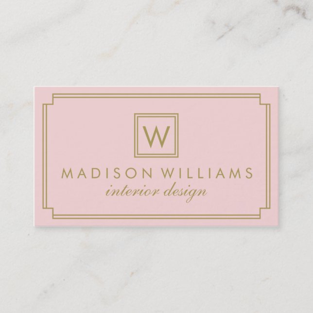 Pink and Gold Art Deco Monogram Business Card (Front)