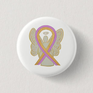 Pink and Gold Awareness Ribbon Angel Pin Buttons