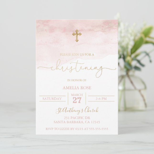 Pink and Gold Baby Christening Invitation Girl (Standing Front)
