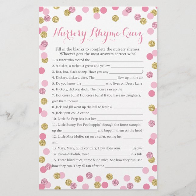 Pink and Gold Baby Shower Nursery Rhyme Quiz (Front)