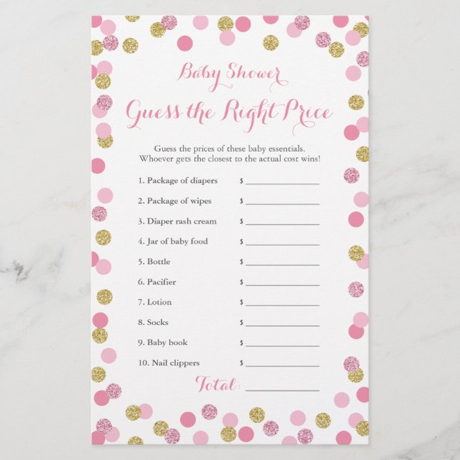 Pink and Gold Baby Shower Price Right Game Card (Front)