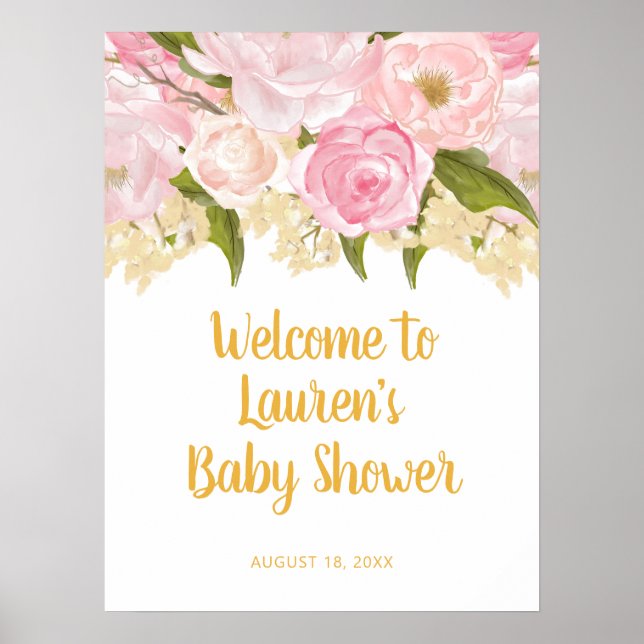 Pink And Gold Baby Shower Welcome Sign, Floral Poster (Front)