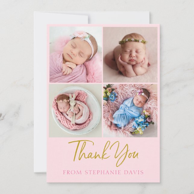 Pink and gold baby thank you card photo collage (Front)
