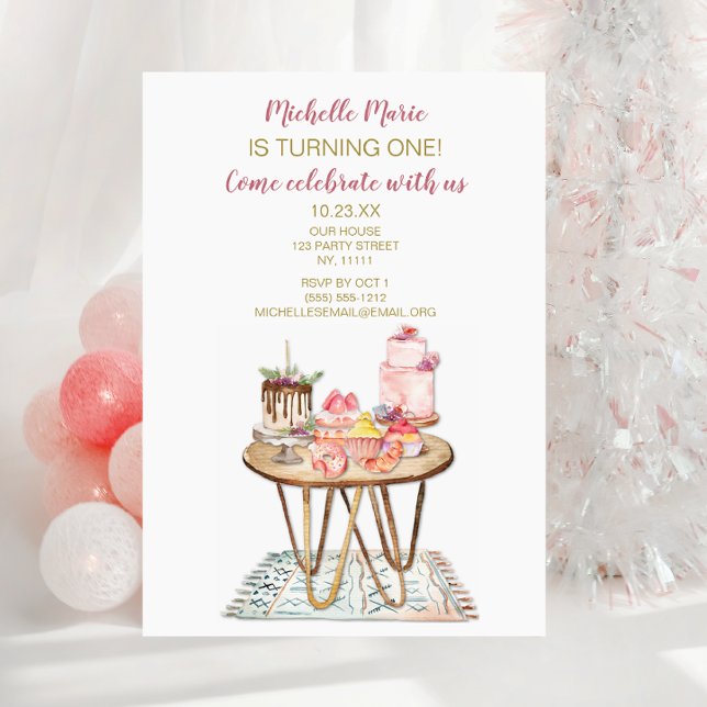 Pink and Gold Bakery Cake Patries First Birthday Invitation (Creator Uploaded)