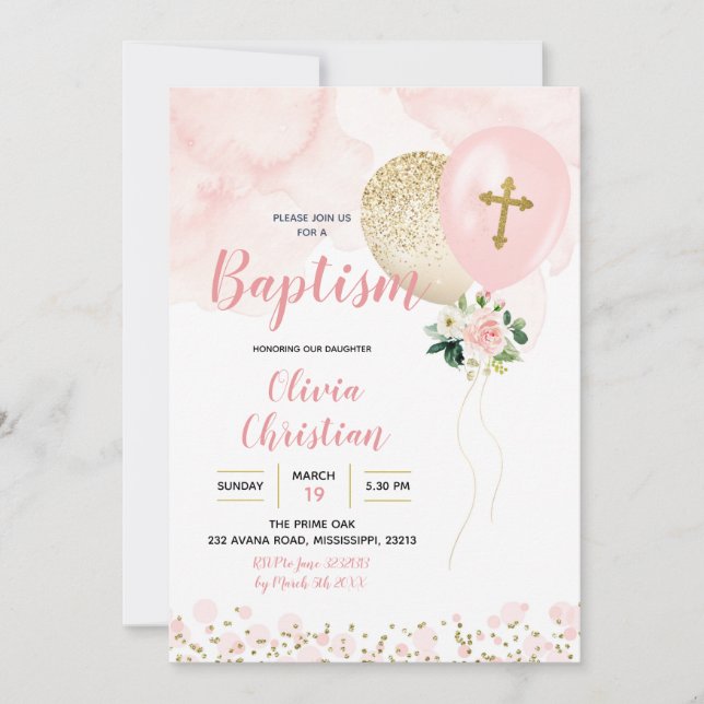 Pink and Gold Balloon Girl Baptism Invitation (Front)
