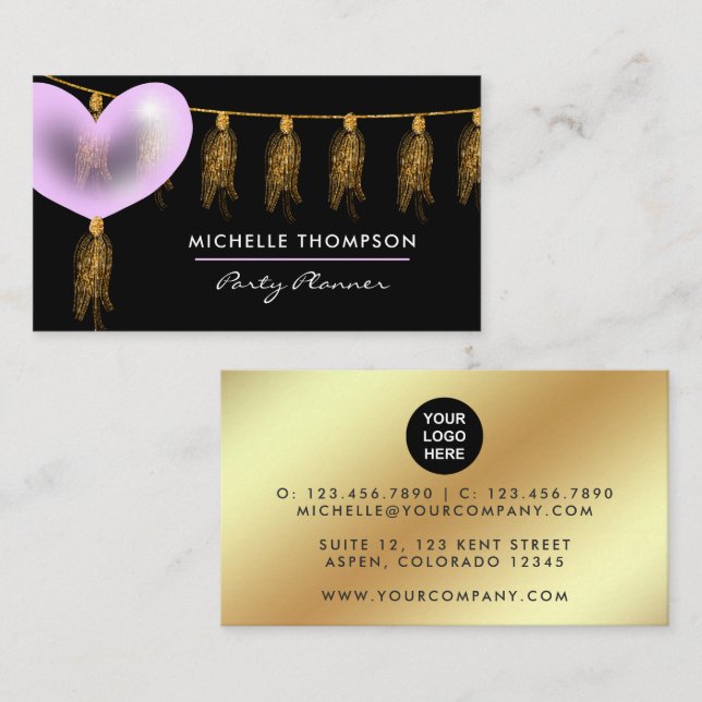 Pink and Gold Balloon Party Planner Business Card (Front/Back)
