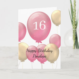 Pink and Gold Balloons 16th Birthday Card