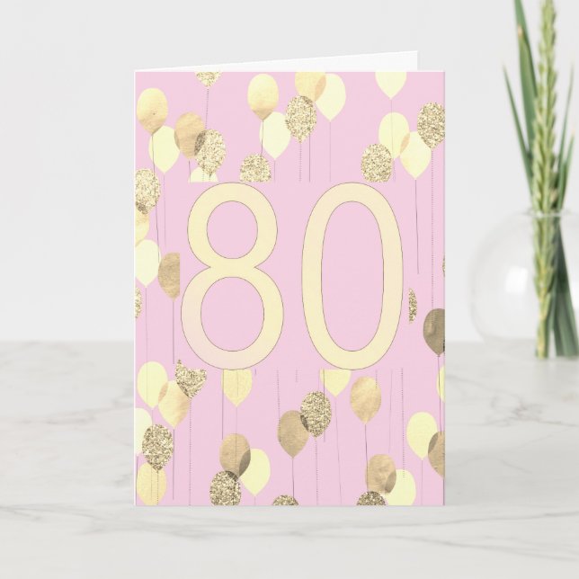 Pink and Gold Balloons 80th Birthday Card (Front)