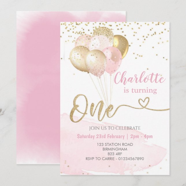 Pink and Gold Balloons, Party Birthday Invitation (Front/Back)