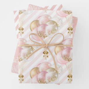 Pink and Gold Balloons Pattern Baby Girl Wrapping Paper Sheet