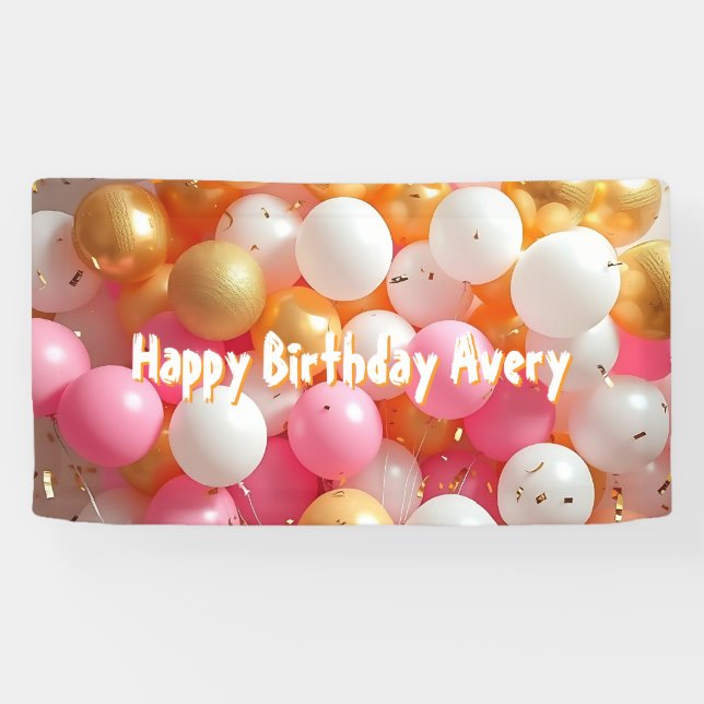 Pink and Gold Balloons | Personalised Birthday Banner (Horizontal)