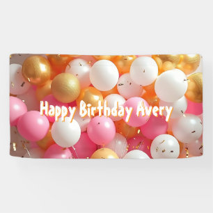 Pink and Gold Balloons Personalized Birthday Banner