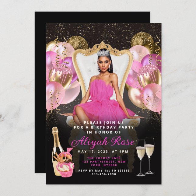 Pink and Gold Balloons Royal Birthday Invitation (Front/Back)