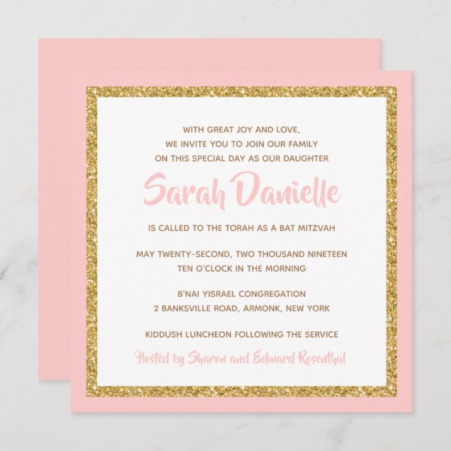 Pink and Gold Bat Mitzvah Invitation (Front/Back)
