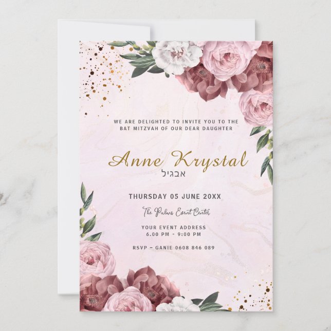 Pink and Gold Bat Mitzvah Invitation (Front)