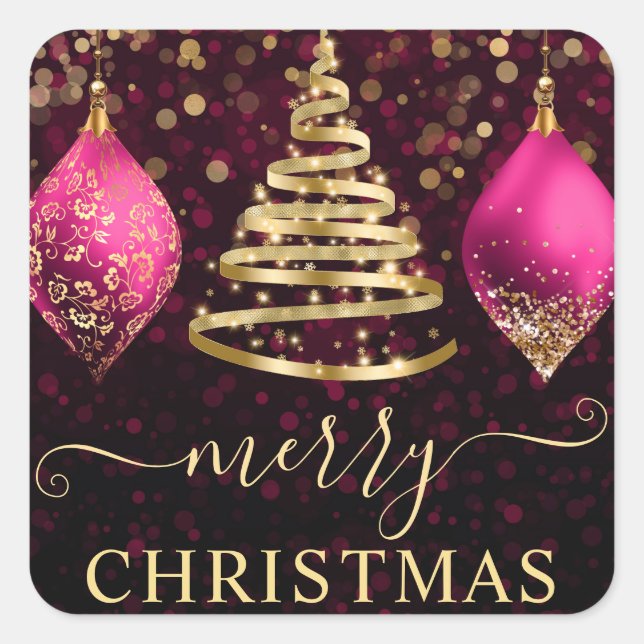 Pink and Gold Baubles Christmas Tree Square Sticker (Front)