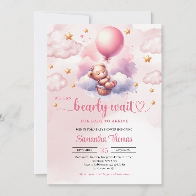 Pink and gold bearly wait teddy bear girl shower invitation (Front)