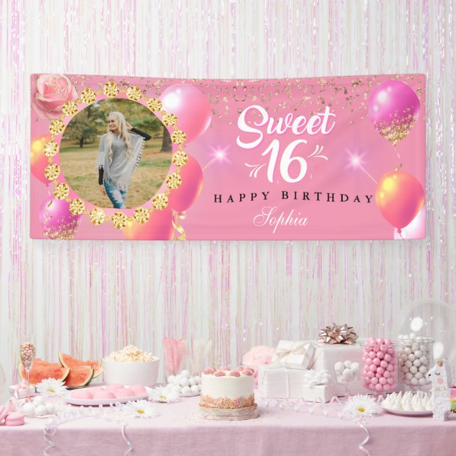Pink and Gold Birthday Girl sweet sixteen, custom  Banner (Party)