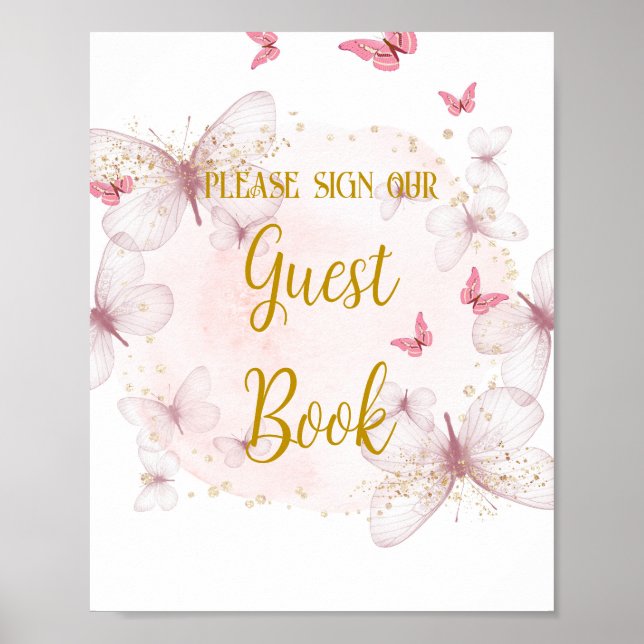 Pink and Gold Birthday  Guest Book Table Sign (Front)