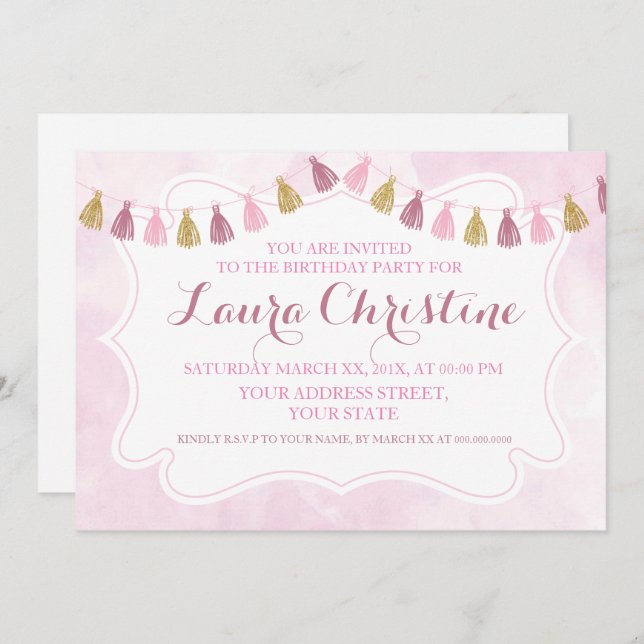 Pink and Gold Birthday Invitation (Front/Back)