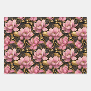 Pink and Gold Blooming Magnolia Flowers Wrapping Paper Sheet