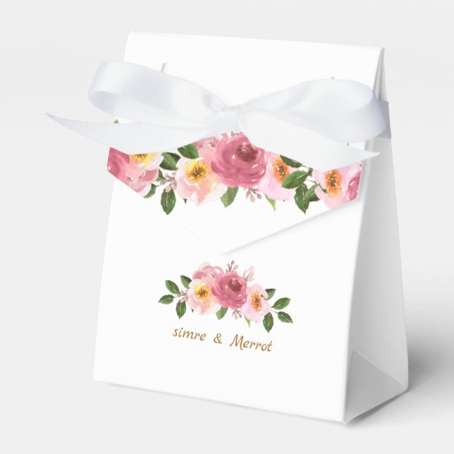 Pink and gold blush watercolor wedding cake favour box (Front Side)